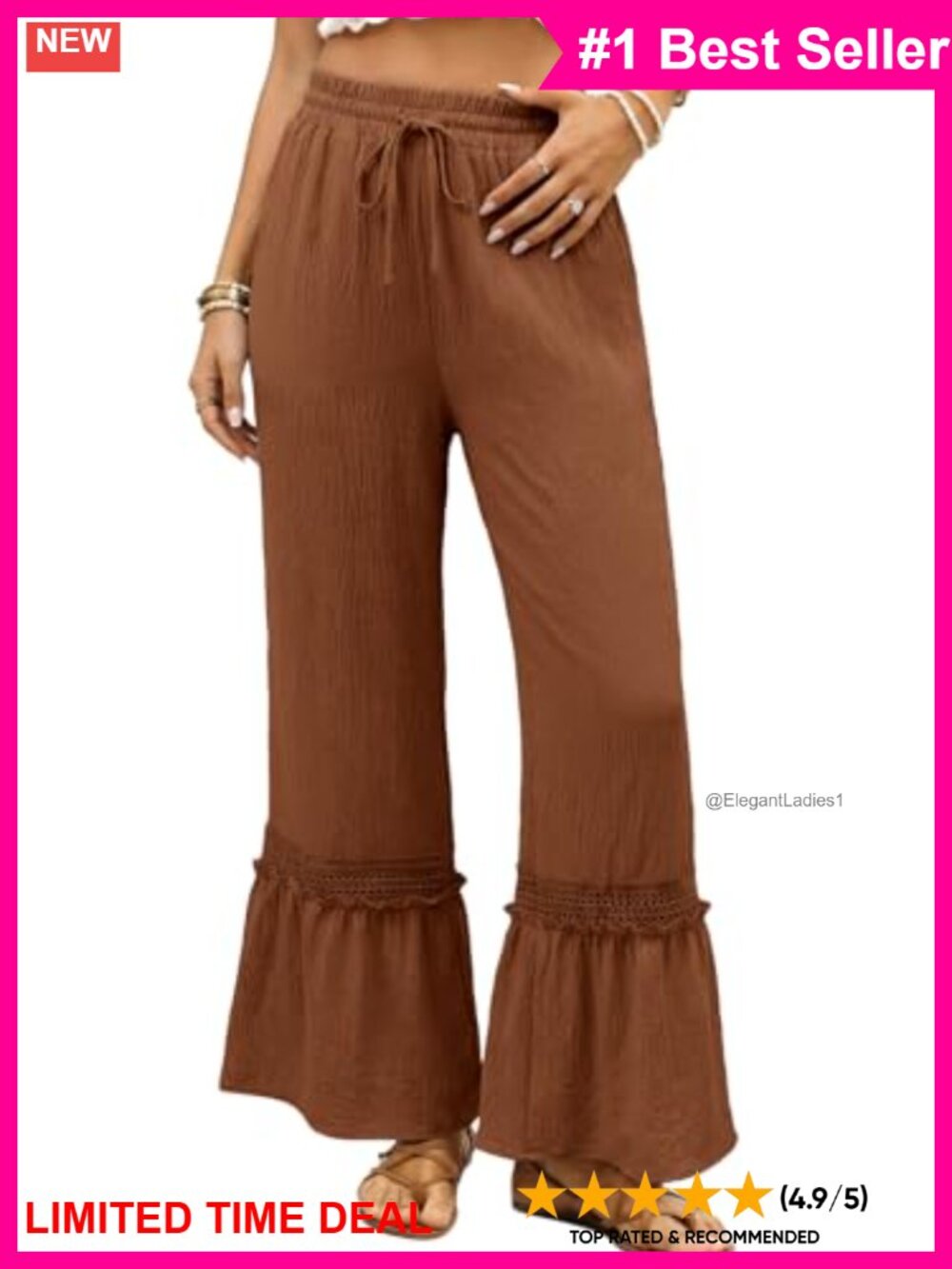 High Waisted Wide Leg Palazzo Pants Lace Ruffle Hem Drawstring Casual